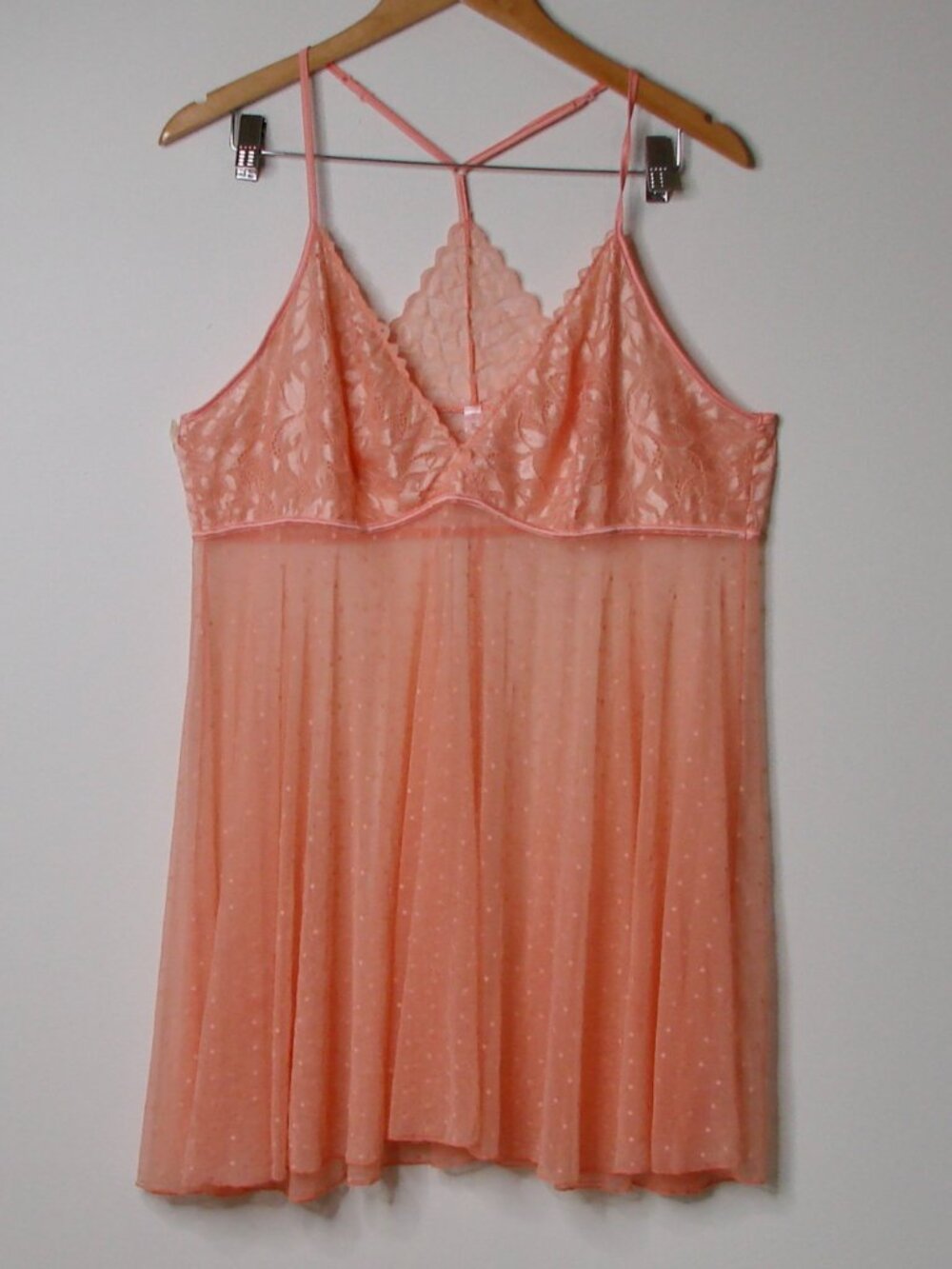 La Vie En Rose Lace Babydoll Chemise Lingerie Peach Sheer Mesh Swiss Dot XXL